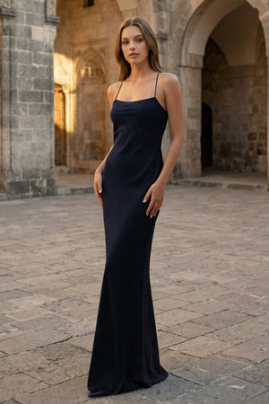 Yellow Spaghetti Straps Sheath Satin Lace Up Long Prom Dresses - KissProm