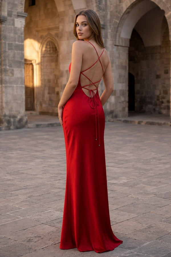 Yellow Spaghetti Straps Sheath Satin Lace Up Long Prom Dresses - KissProm