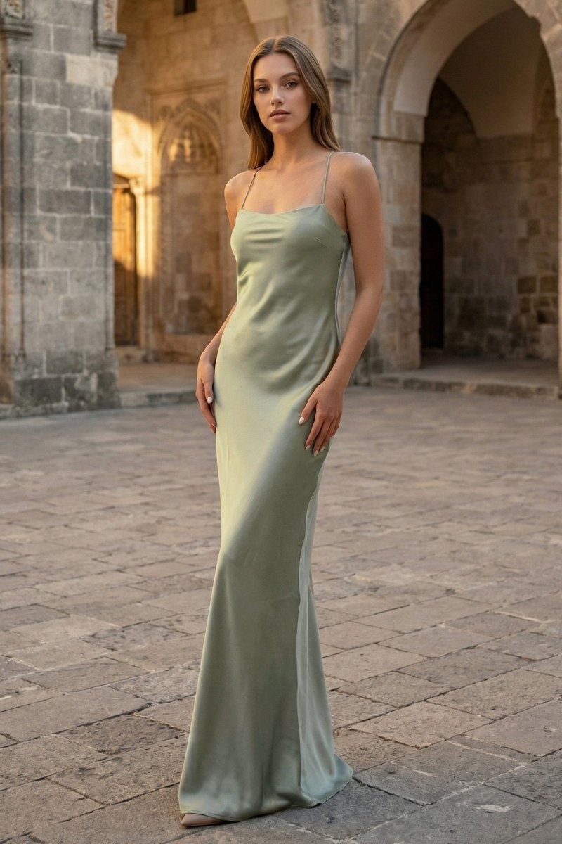 Sage Spaghetti Straps Sheath Satin Lace Up Long Prom Dresses - KissProm