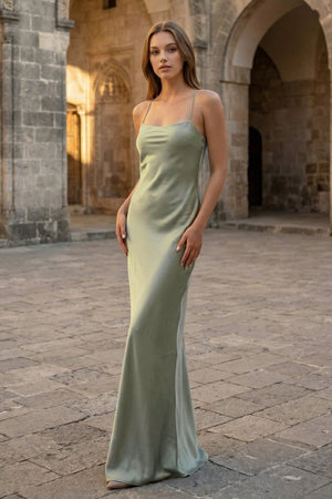 Sage Spaghetti Straps Sheath Satin Lace Up Long Prom Dresses - KissProm