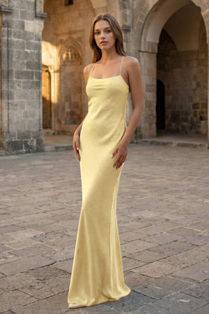 Yellow Spaghetti Straps Sheath Satin Lace Up Long Prom Dresses - KissProm