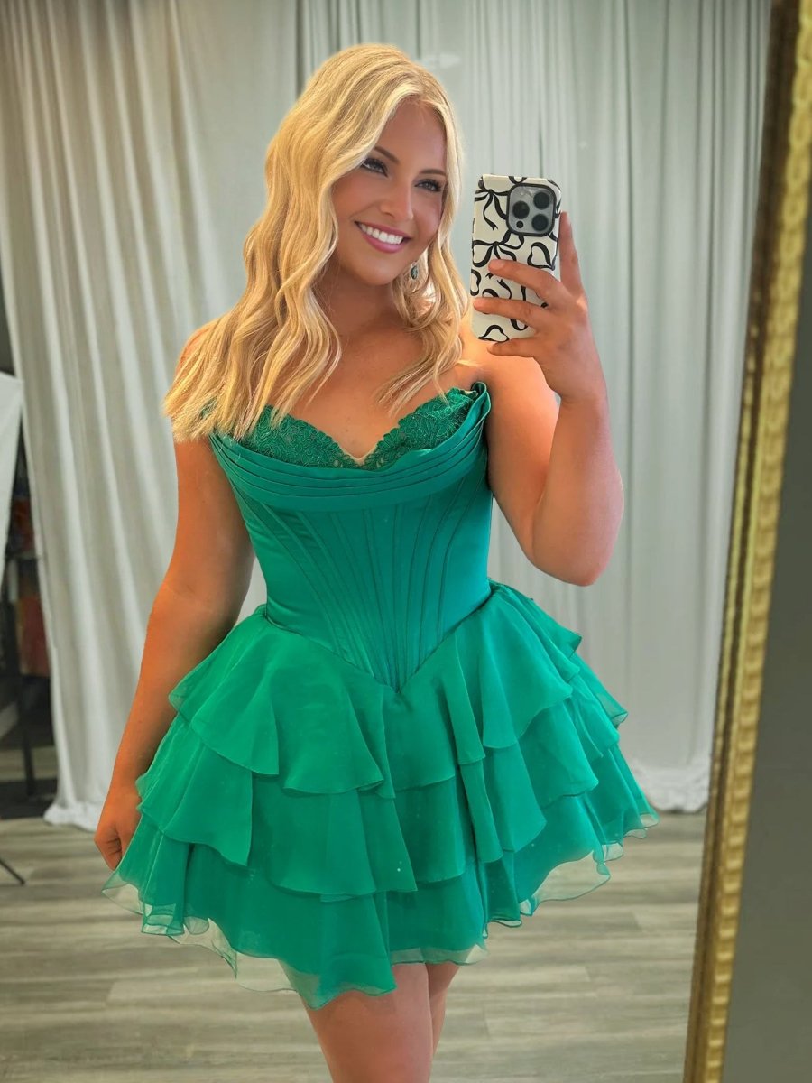 Emerald - A-Line Sweetheart Corset Ruffle Homecoming & Cocktail Dresses With Applique – Homecoming Dress by KissProm | Available at KissProm