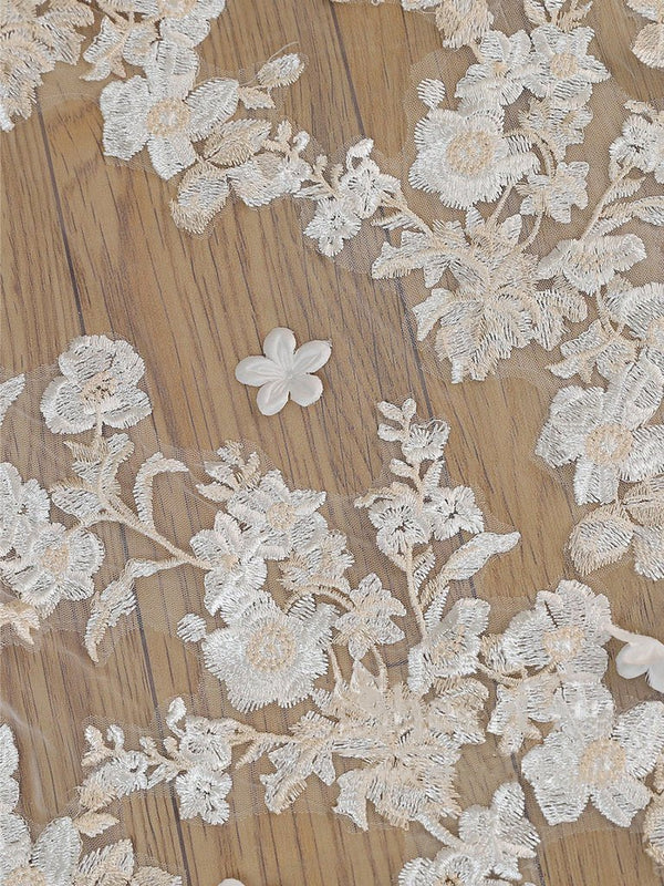 Ombre Champagne Floral Lace Ivory Cathedral Veil with Blusher Bridal Veil Wedding Veil - KissProm