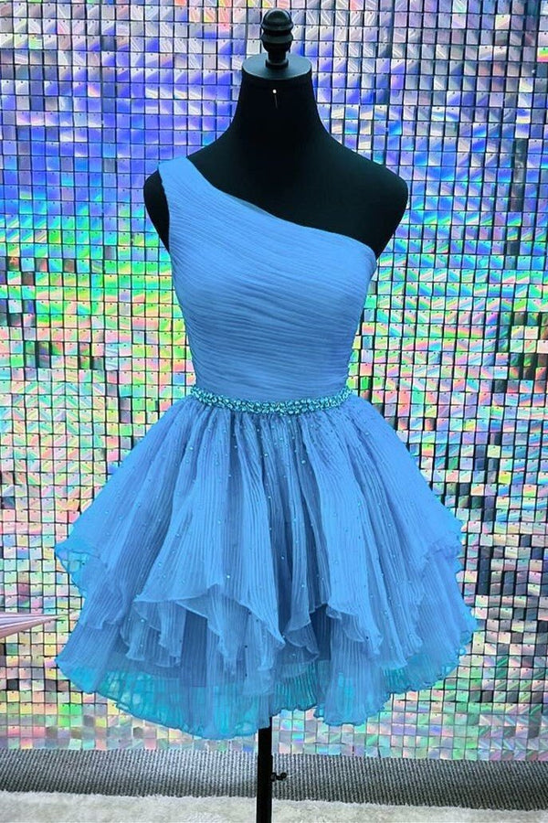 Seren | One - Shoulder Beaded Ruffle Homecoming Dress in Blue - KissProm