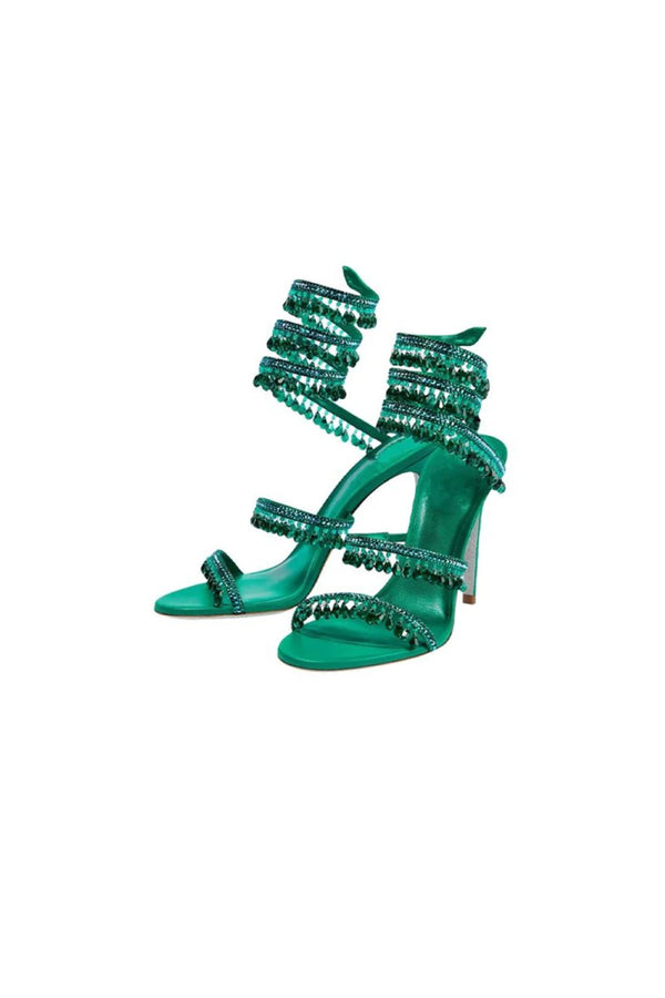 Open Toe Ankle Wrap Beaded Crystal Stiletto Heels - KissProm