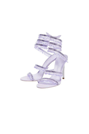 Open Toe Ankle Wrap Beaded Crystal Stiletto Heels - KissProm