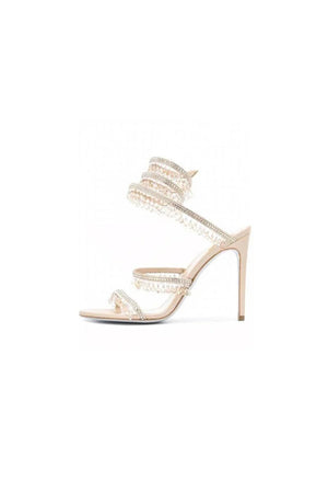 Open Toe Ankle Wrap Beaded Crystal Stiletto Heels - KissProm