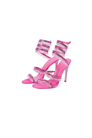 Open Toe Ankle Wrap Beaded Crystal Stiletto Heels - KissProm