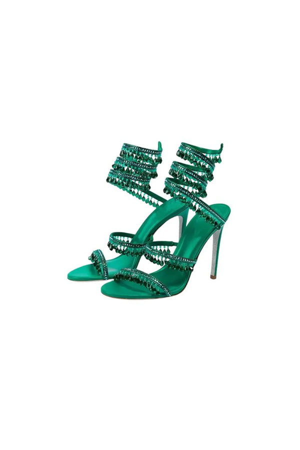 Open Toe Ankle Wrap Beaded Crystal Stiletto Heels - KissProm