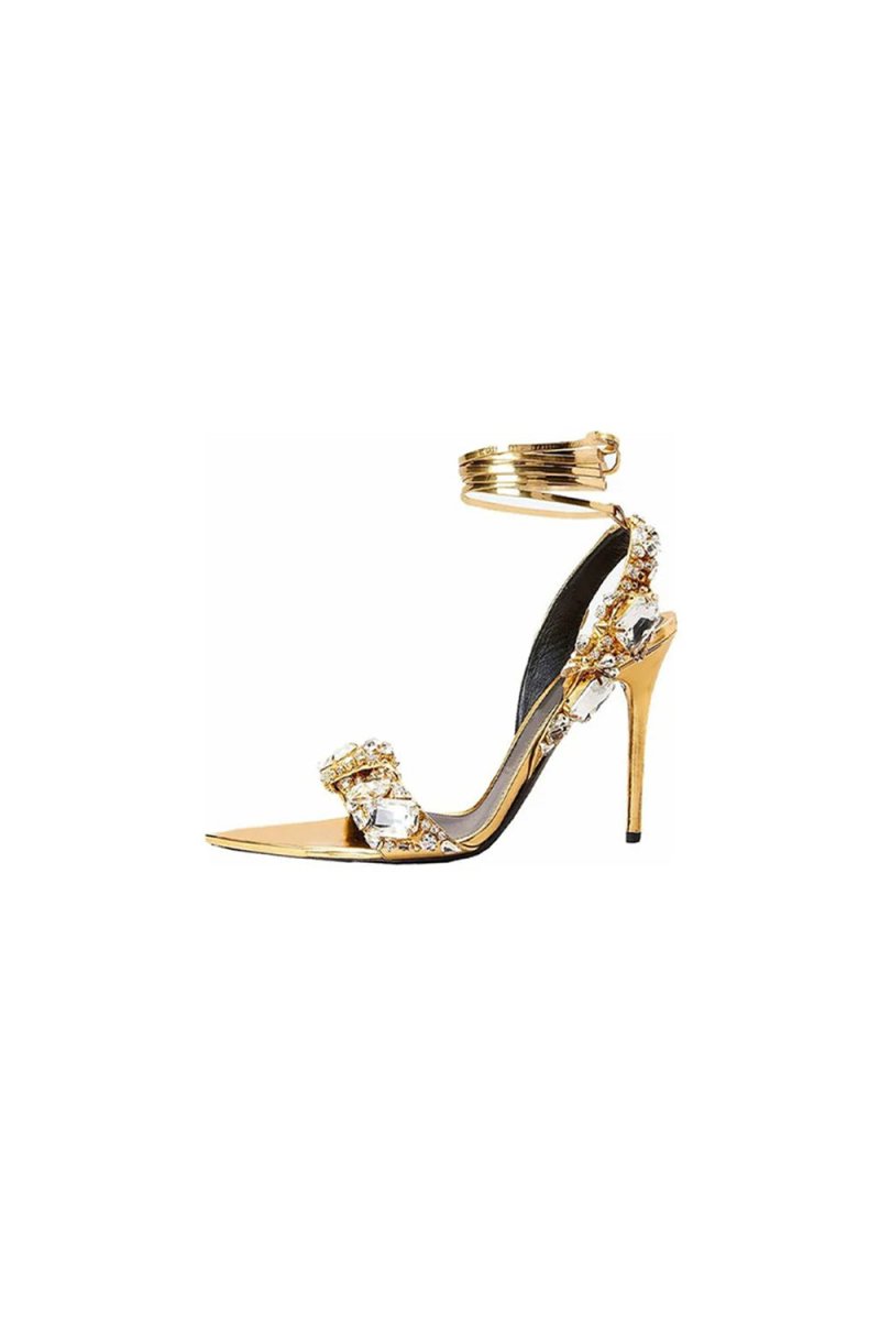 Open Toe Crystal - Embellished Metallic Lace - Up Stiletto Heels - KissProm