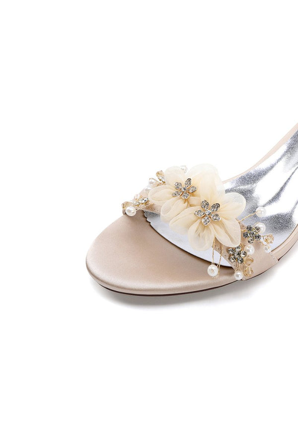 Open Toe Hollow Out Chunky Heels with Flowers - KissProm