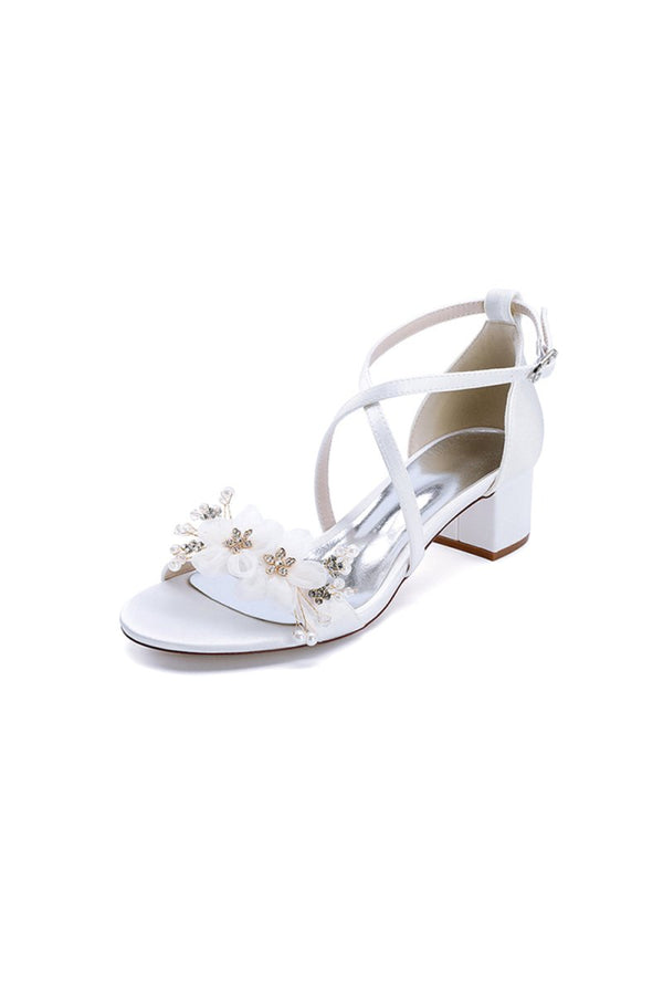 Open Toe Hollow Out Chunky Heels with Flowers - KissProm