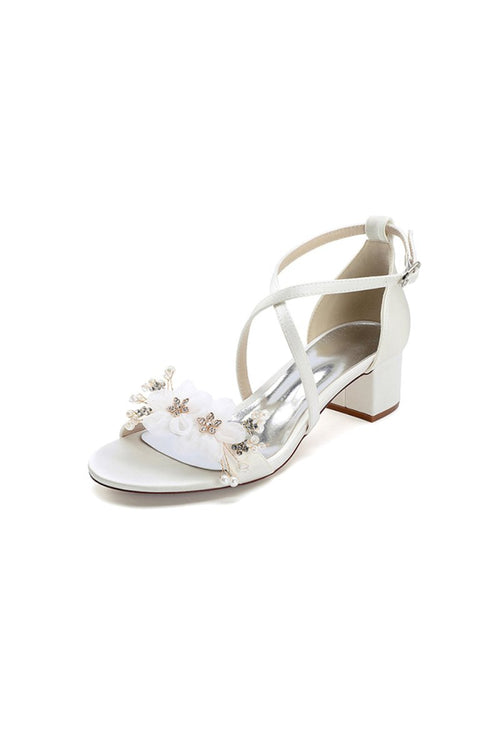 Open Toe Hollow Out Chunky Heels with Flowers - KissProm