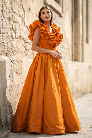 Red Ruffle V Neck Satin A - Line Long Prom Dresses - KissProm