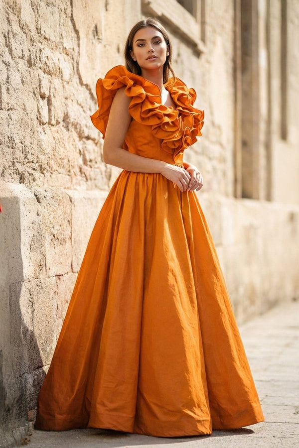 Red Ruffle V Neck Satin A - Line Long Prom Dresses - KissProm