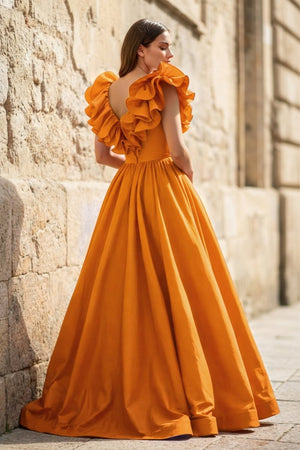 Red Ruffle V Neck Satin A - Line Long Prom Dresses - KissProm