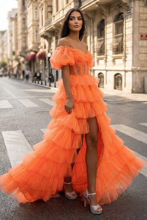 A - line Off - the - Shoulder Tulle Prom Dress with Slit - KissProm
