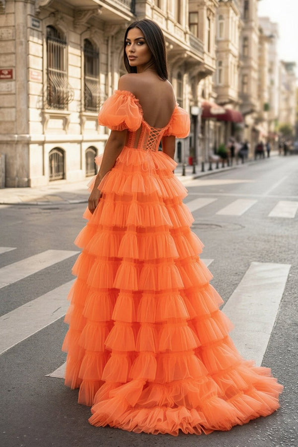 A - line Off - the - Shoulder Tulle Prom Dress with Slit - KissProm
