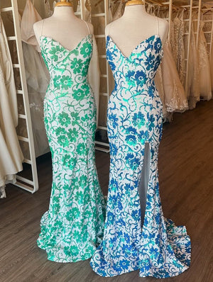 Orange Sequin Lace Spaghetti Straps Mermaid Prom Dresses with Slit – Prom Dress by KissProm | Available at KissProm