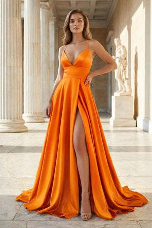 Pink Spaghetti Straps Satin Backless A Line Prom Dress With Pockets - KissProm