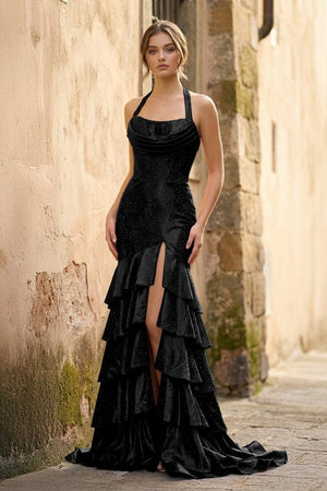 Red Halter Mermaid Satin Beaded Long Formal Prom Dresses With Ruffles - KissProm