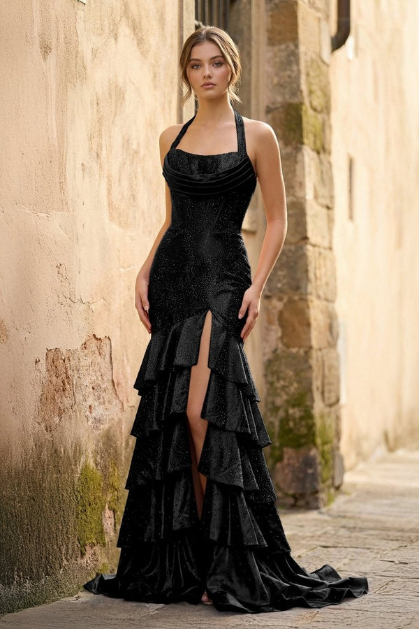Red Halter Mermaid Satin Beaded Long Formal Prom Dresses With Ruffles - KissProm