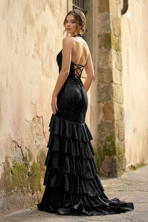 Red Halter Mermaid Satin Beaded Long Formal Prom Dresses With Ruffles - KissProm