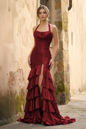 Red Halter Mermaid Satin Beaded Long Formal Prom Dresses With Ruffles - KissProm