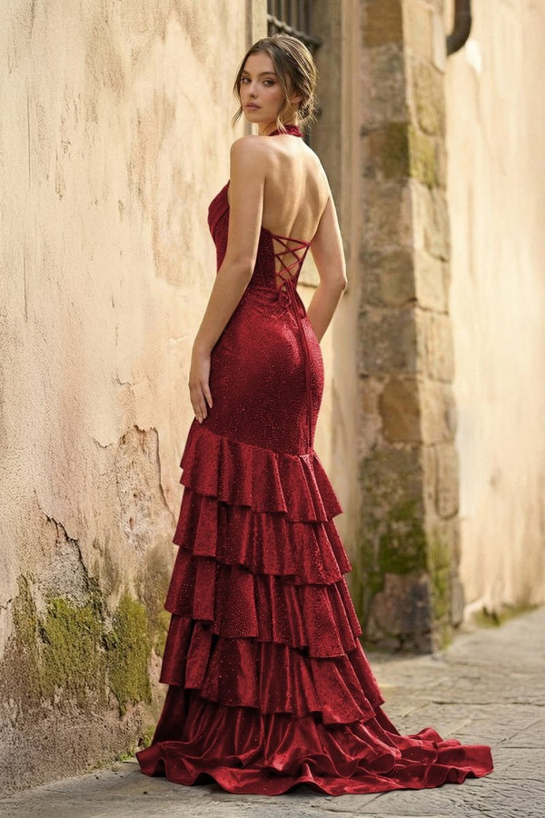 Red Halter Mermaid Satin Beaded Long Formal Prom Dresses With Ruffles - KissProm