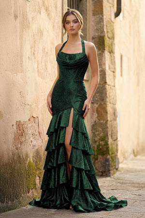 Red Halter Mermaid Satin Beaded Long Formal Prom Dresses With Ruffles - KissProm