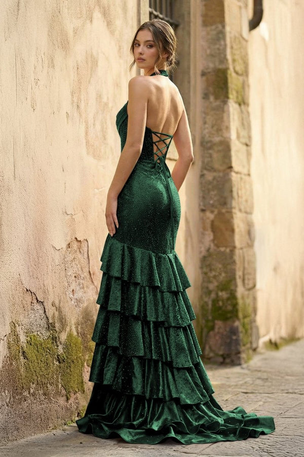 Red Halter Mermaid Satin Beaded Long Formal Prom Dresses With Ruffles - KissProm