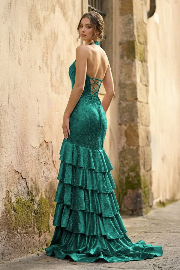 Red Halter Mermaid Satin Beaded Long Formal Prom Dresses With Ruffles - KissProm