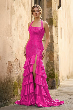 Red Halter Mermaid Satin Beaded Long Formal Prom Dresses With Ruffles - KissProm