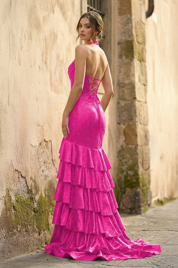Red Halter Mermaid Satin Beaded Long Formal Prom Dresses With Ruffles - KissProm