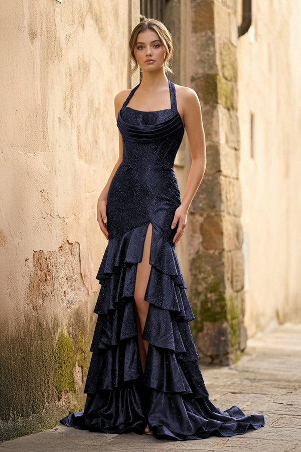 Red Halter Mermaid Satin Beaded Long Formal Prom Dresses With Ruffles - KissProm