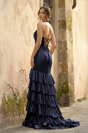 Red Halter Mermaid Satin Beaded Long Formal Prom Dresses With Ruffles - KissProm