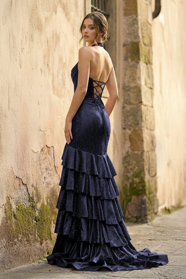Red Halter Mermaid Satin Beaded Long Formal Prom Dresses With Ruffles - KissProm