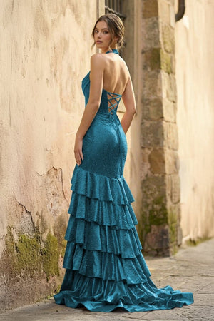 Red Halter Mermaid Satin Beaded Long Formal Prom Dresses With Ruffles - KissProm