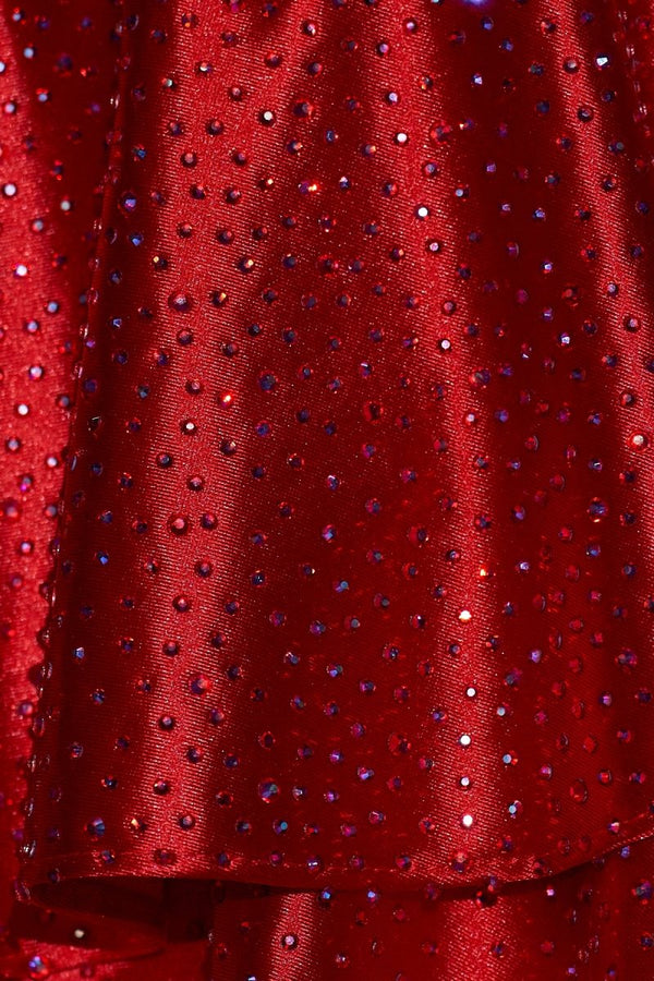 Red Halter Mermaid Satin Beaded Long Formal Prom Dresses With Ruffles - KissProm