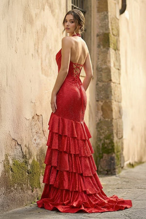 Red Halter Mermaid Satin Beaded Long Formal Prom Dresses With Ruffles - KissProm