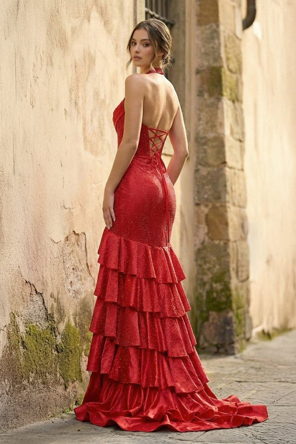 Red Halter Mermaid Satin Beaded Long Formal Prom Dresses With Ruffles - KissProm