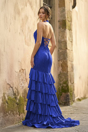 Red Halter Mermaid Satin Beaded Long Formal Prom Dresses With Ruffles - KissProm