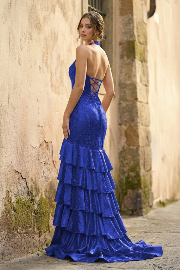 Red Halter Mermaid Satin Beaded Long Formal Prom Dresses With Ruffles - KissProm