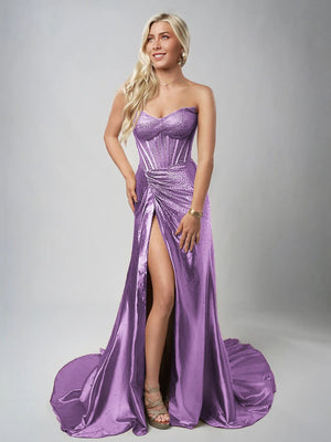 Mermaid Gold Strapless Satin Corset Long Prom Dresses with Slit – Prom Dresses by KissProm | Available at KissProm