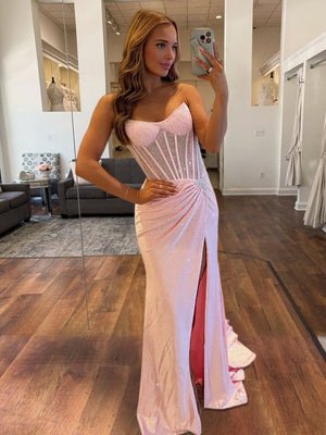 Mermaid Gold Strapless Satin Corset Long Prom Dresses with Slit – Prom Dresses by KissProm | Available at KissProm