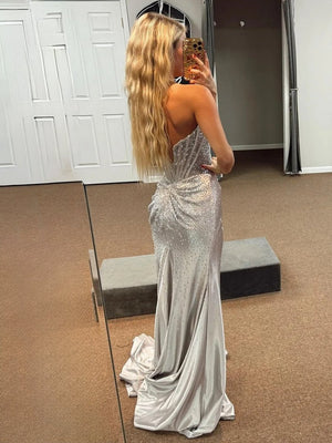 Mermaid Gold Strapless Satin Corset Long Prom Dresses with Slit – Prom Dresses by KissProm | Available at KissProm