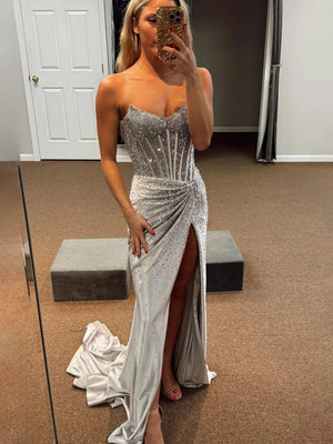 Mermaid Gold Strapless Satin Corset Long Prom Dresses with Slit – Prom Dresses by KissProm | Available at KissProm