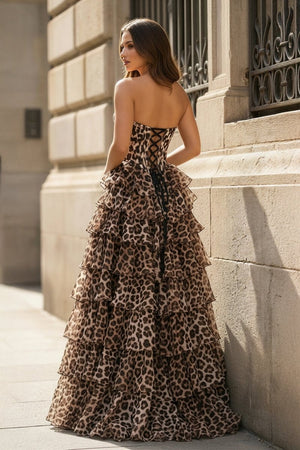Leopard Sweetheart A Line Chiffon Ruffled Long Prom Dresses With Appliques – Prom Dress by KissProm | Available at KissProm