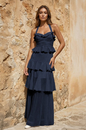 Sky Blue Halter Sheath Pleated Chiffon Long Prom Dresses With Ruffles - KissProm