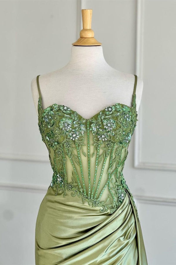 Silver Spaghetti Straps Mermaid Appliqued Prom Dress With Split – Prom Dress by KissProm | Available at KissProm
